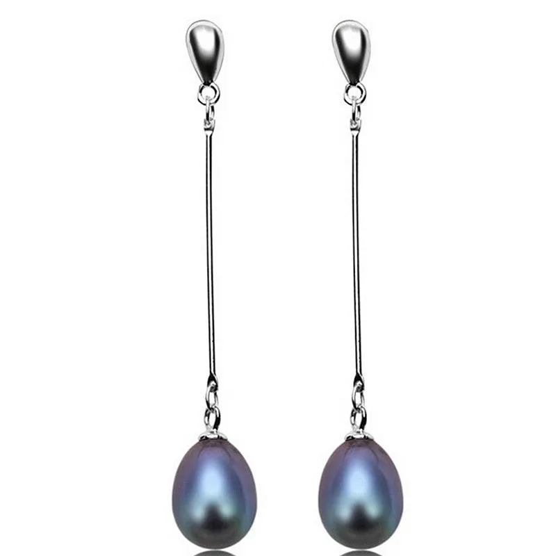 Fashion Natural Culture 8-9mm rice shape black Pearl Earrings Long Ear line For Girl Wondful Party Fine Jewelry