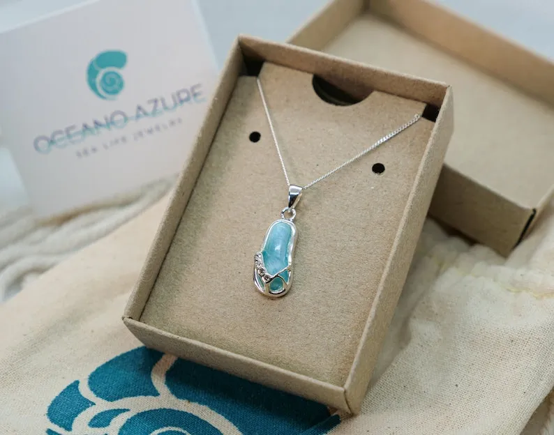 Flip Flop Pendant Necklace with Larimar and Crystal