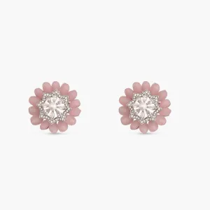 Floral Charm CZ Pink Beads & Pearl Stud Earrings