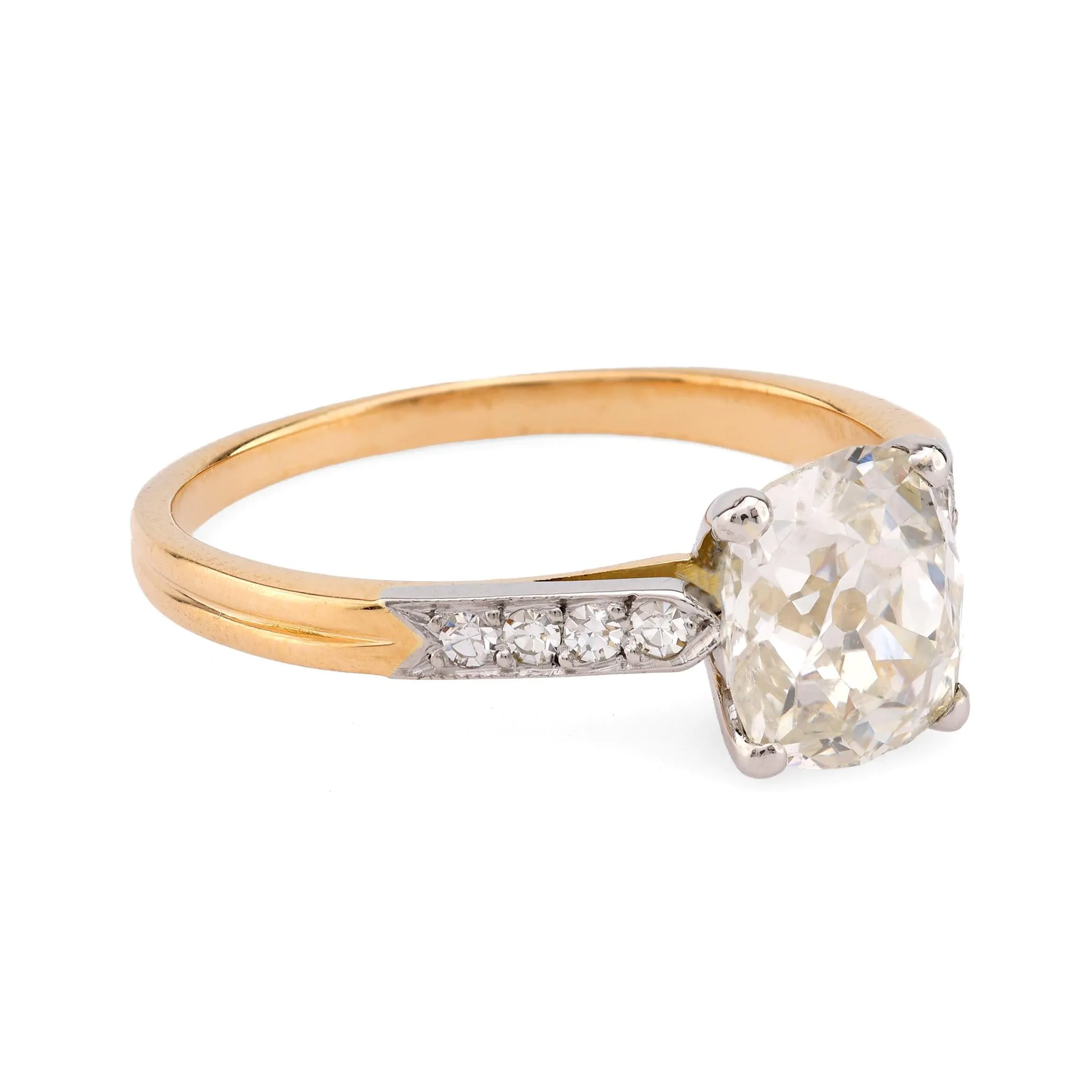 French GIA 1.75 carat cushion cut diamond 18k yellow gold engagement ring