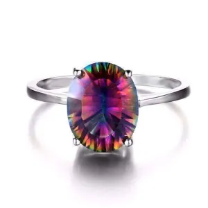 Genuine Rainbow Fire Mystic Topaz Oval Cut 3.4CT IOBI Precious Gems 925 Sterling Silver Ring