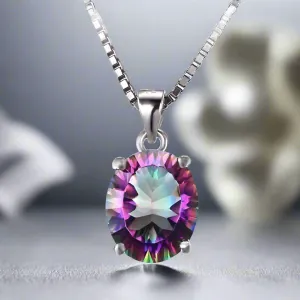 Genuine Rainbow Fire Mystic Topaz Oval Cut 4CT IOBI Precious Gems Pendant 925 Sterling Silver Necklace