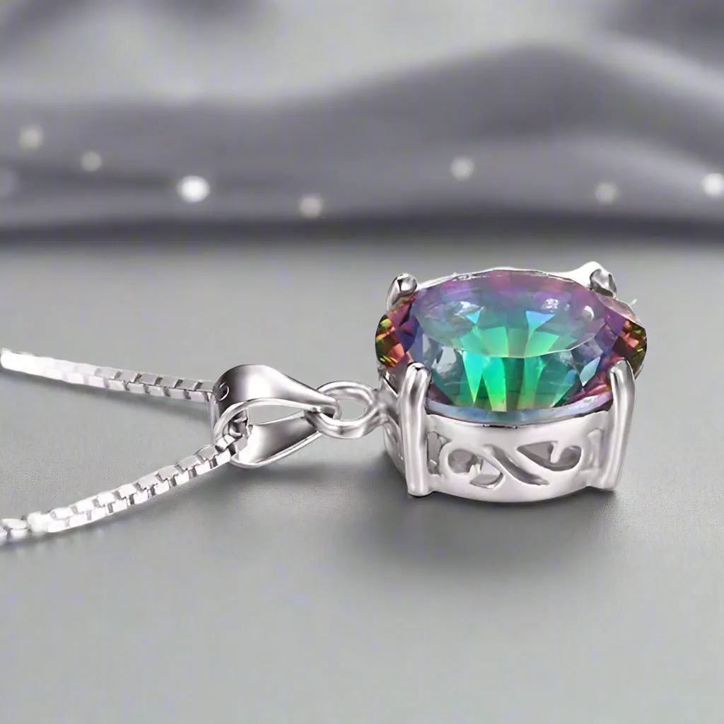 Genuine Rainbow Fire Mystic Topaz Oval Cut 4CT IOBI Precious Gems Pendant 925 Sterling Silver Necklace