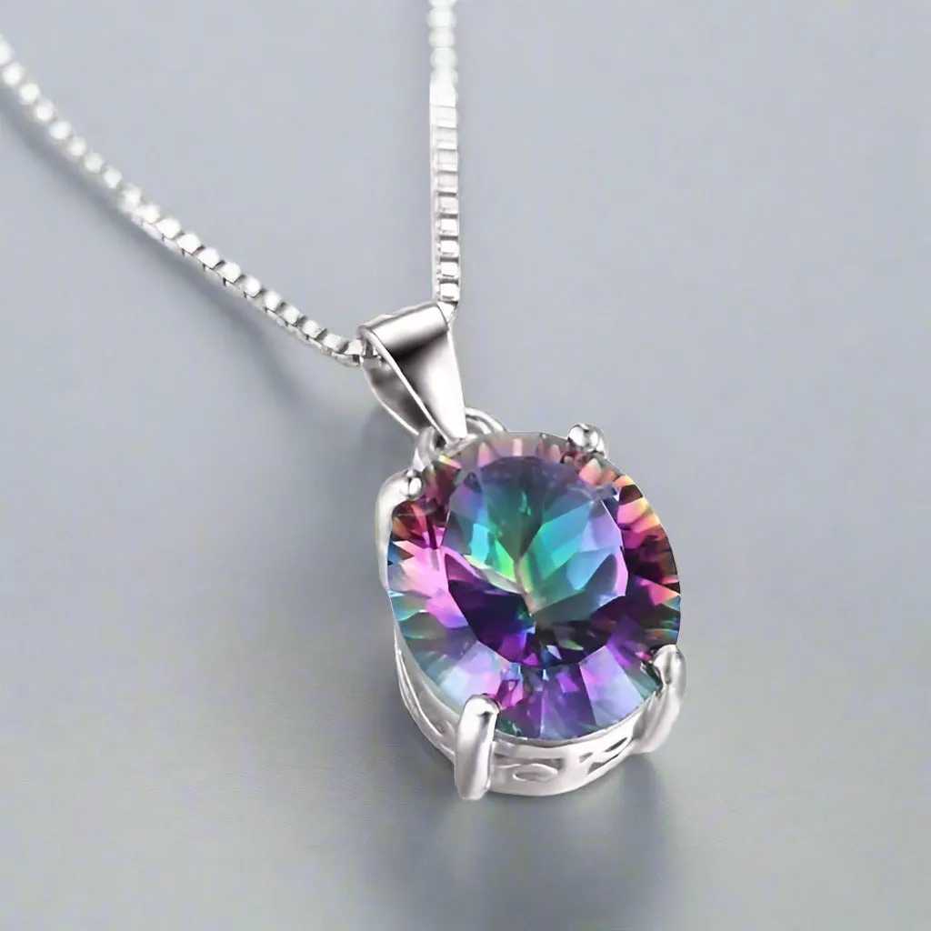 Genuine Rainbow Fire Mystic Topaz Oval Cut 4CT IOBI Precious Gems Pendant 925 Sterling Silver Necklace