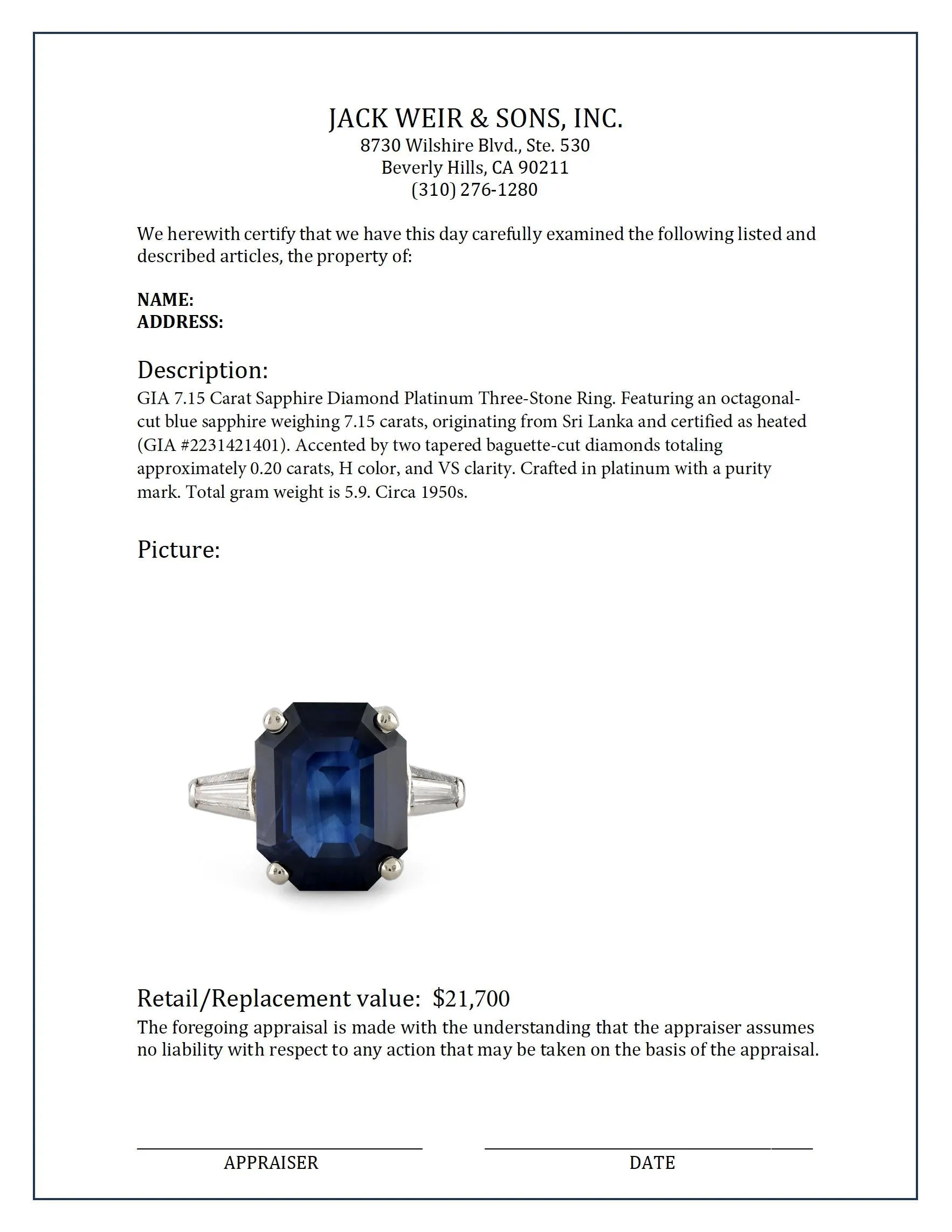 GIA 7.15 carat sapphire diamond platinum three stone ring