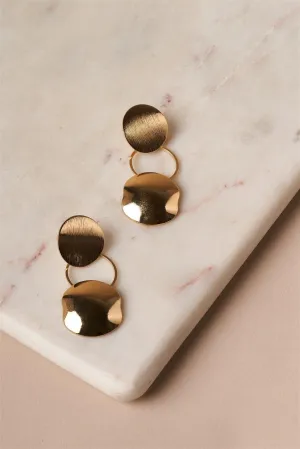 Gold Brushed Effect Circle Disc Dangle Drop Earrings /1 Pair