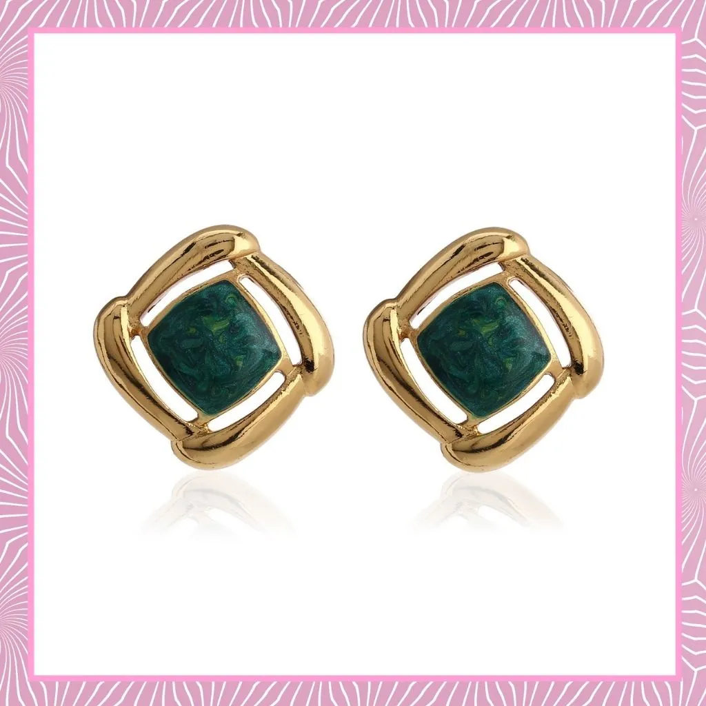 Gold With Green Enamel Earrings