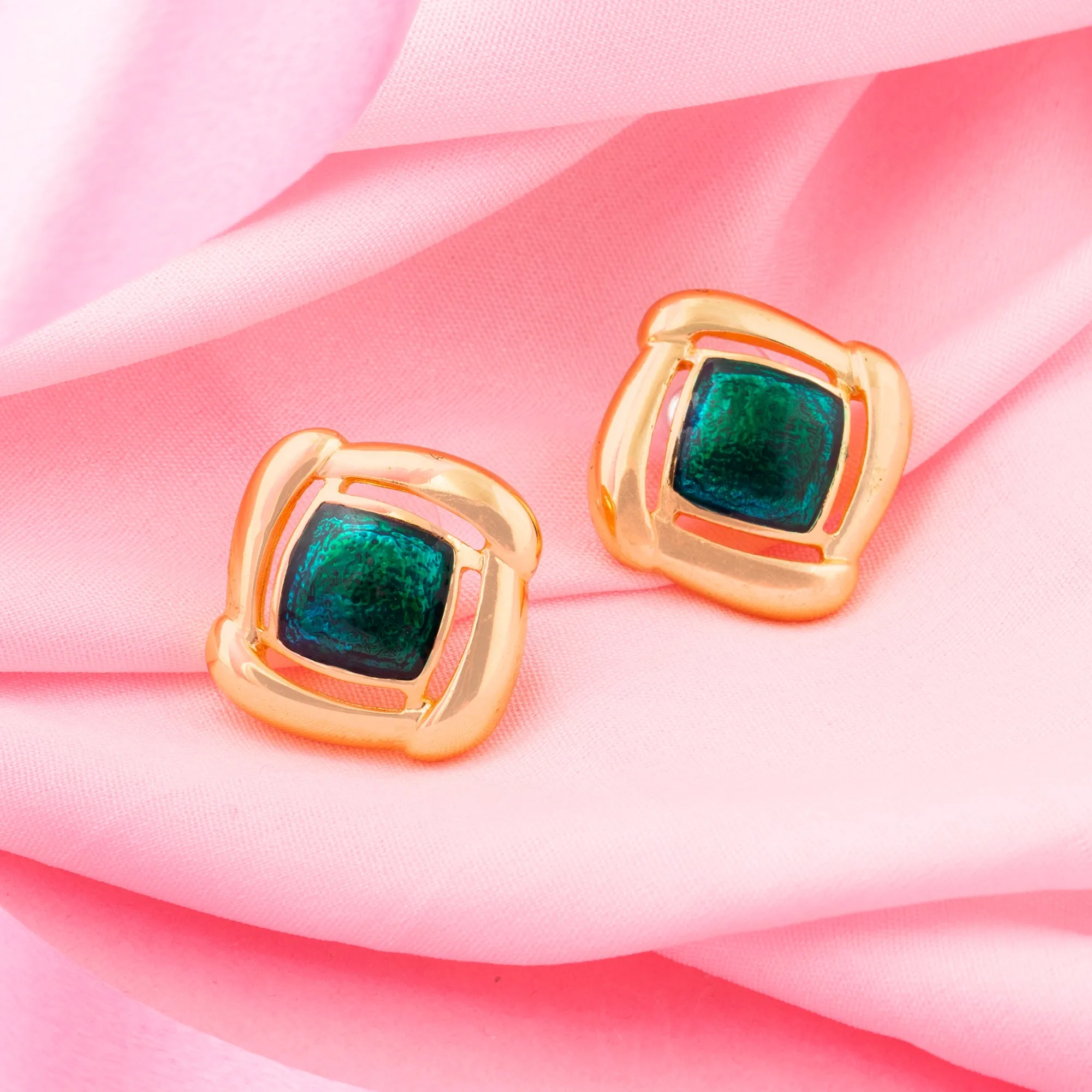 Gold With Green Enamel Earrings