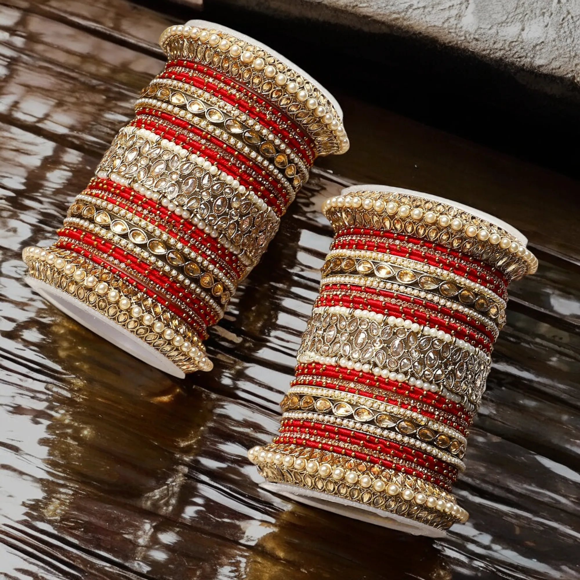 Golden Red CZ Celebrity Bangles Set, AD Bangles Set, Indian Bangles Set, Pakistani Bangles, Bollywood AD Bangles, Celebrity Jewellery, Indian Jewellery Set