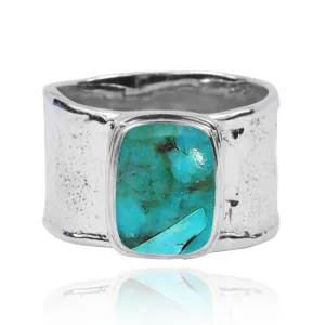 Hammered Sterling Silver Israeli Style Cushion Shaped Compressed Turquoise Ring