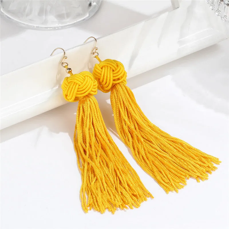 Handmade Tassel Earrings Trendy Black Red Yellow Green Long Dangles Ear Broncos Silk Fringed Jewellery For Women