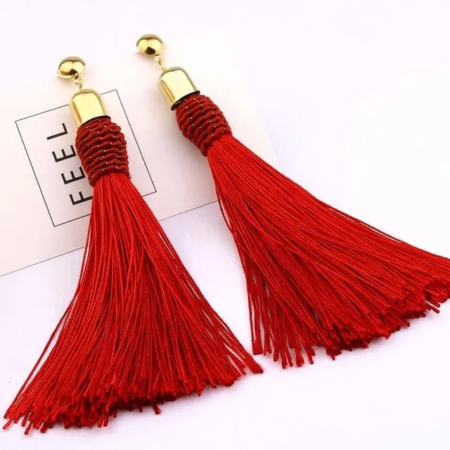 Handmade Tassel Earrings Trendy Black Red Yellow Green Long Dangles Ear Broncos Silk Fringed Jewellery For Women