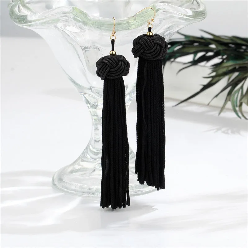 Handmade Tassel Earrings Trendy Black Red Yellow Green Long Dangles Ear Broncos Silk Fringed Jewellery For Women