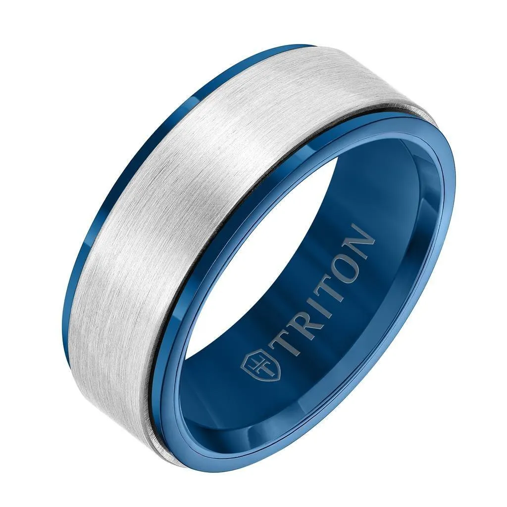 JULIEN 8MM Blue & White Tungsten Carbide Comfort Fit Ring - Satin Finish Center and Step Edge