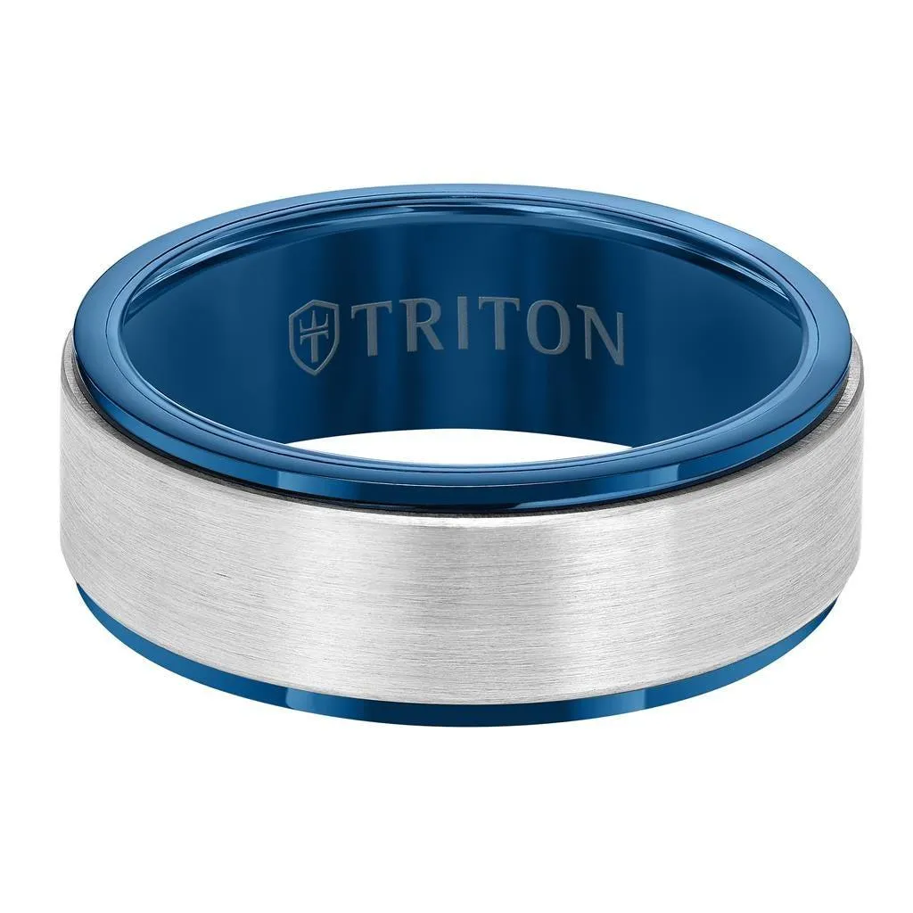 JULIEN 8MM Blue & White Tungsten Carbide Comfort Fit Ring - Satin Finish Center and Step Edge