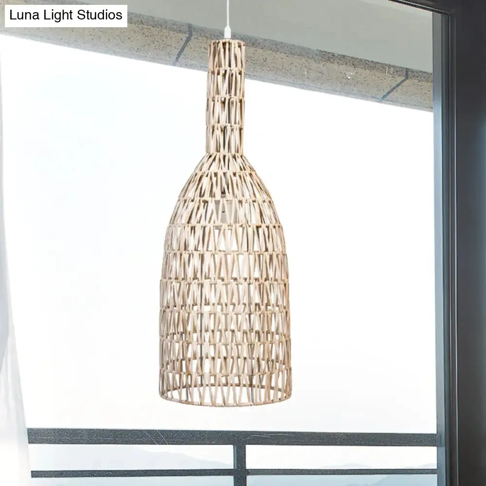 Khaki Bamboo Rattan Pendant Lighting - Asian 1-Light Bottle Ceiling Hang Fixture