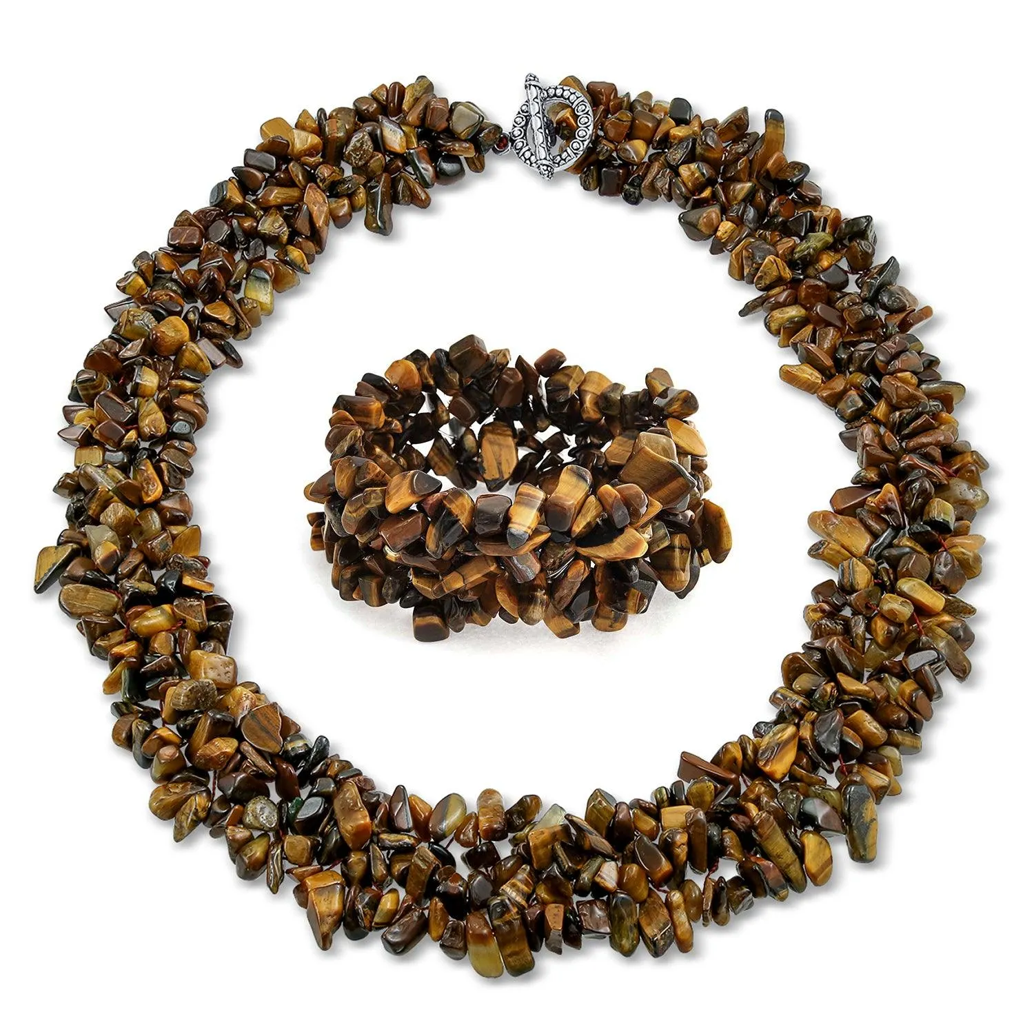 Large Gemstone Cluster Multi Strand Bib Collar Necklace & Stretch Bracelet Set