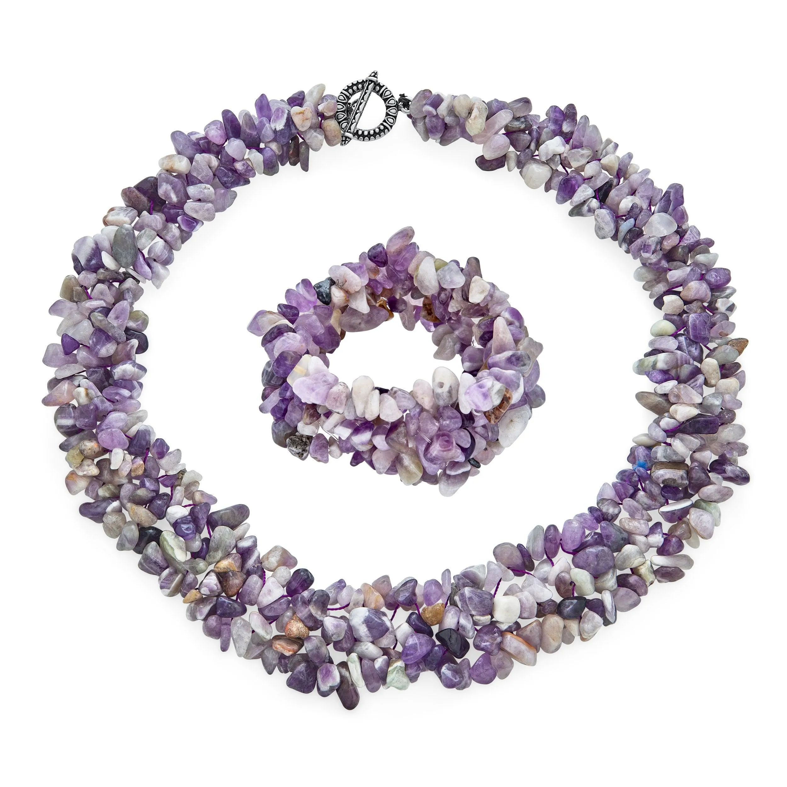 Large Gemstone Cluster Multi Strand Bib Collar Necklace & Stretch Bracelet Set