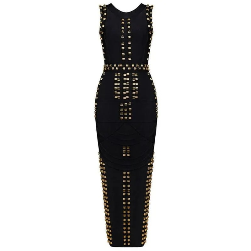 Luxury Bead Slim Fit Elegant Split Bandage Dress in Black