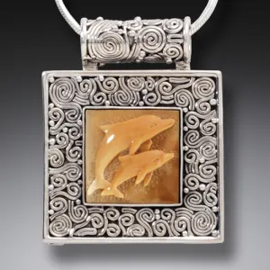 MAMMOTH IVORY TUSK DOLPHIN LOCKET, HANDMADE SILVER - DOLPHIN PLAY