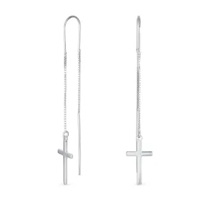 Minimalist Lightweight Religious Cross Dangle Earrings Sterling Silver Threader