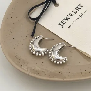 Moon Pearl Paved C Shaped Silver Pin Earrings JLT12680