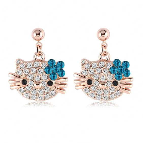 New Lovely Cat Flower Stud Earring For Girls Rose Gold Plated Austrian Crystals Kitten Earings With SWA Elements