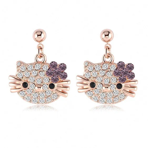 New Lovely Cat Flower Stud Earring For Girls Rose Gold Plated Austrian Crystals Kitten Earings With SWA Elements