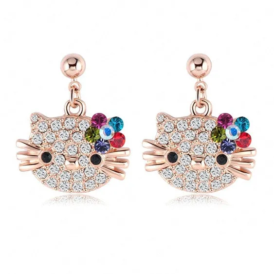 New Lovely Cat Flower Stud Earring For Girls Rose Gold Plated Austrian Crystals Kitten Earings With SWA Elements