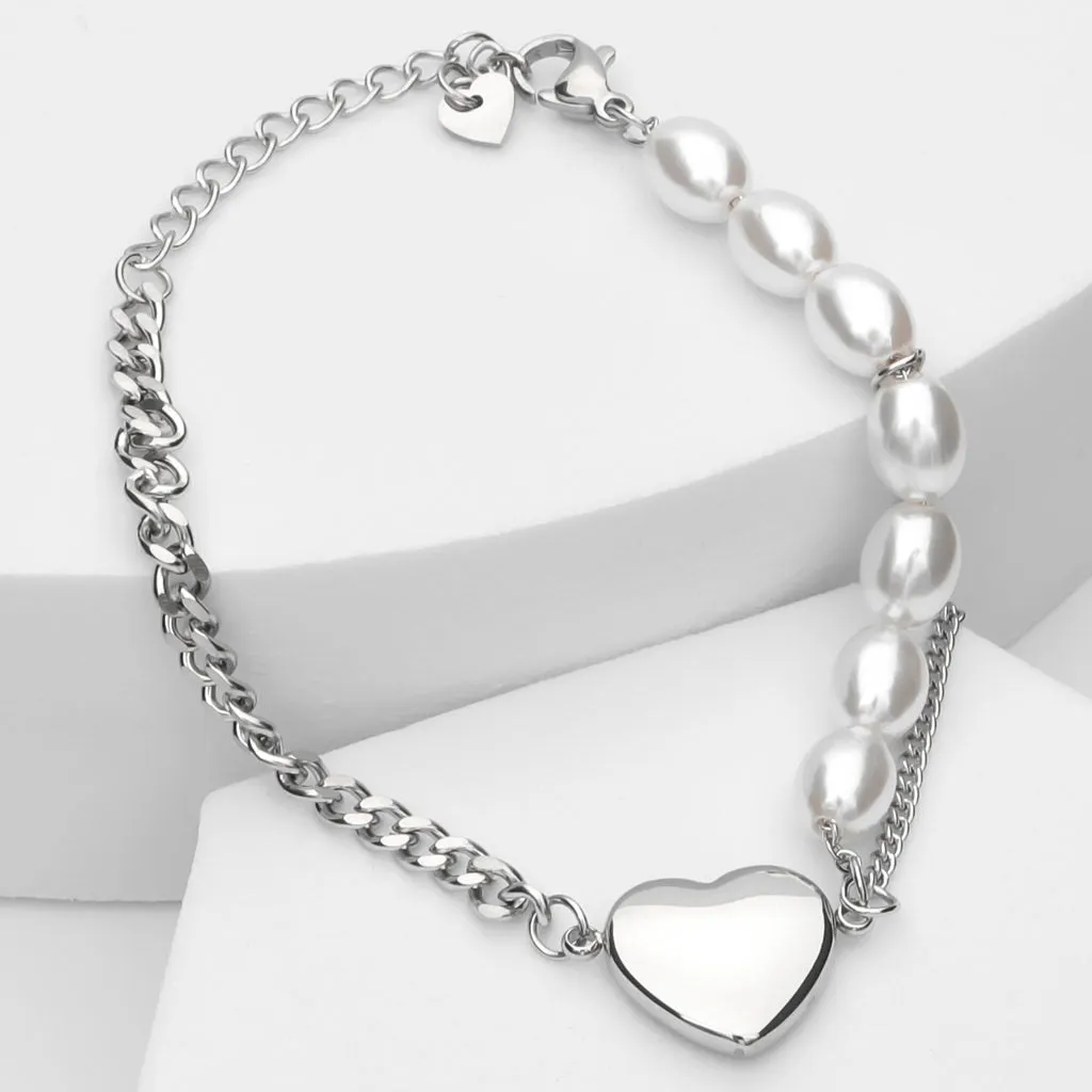 Pearls and Stainless Steel Chain Women's Bracelet with Heart Charm - Silver