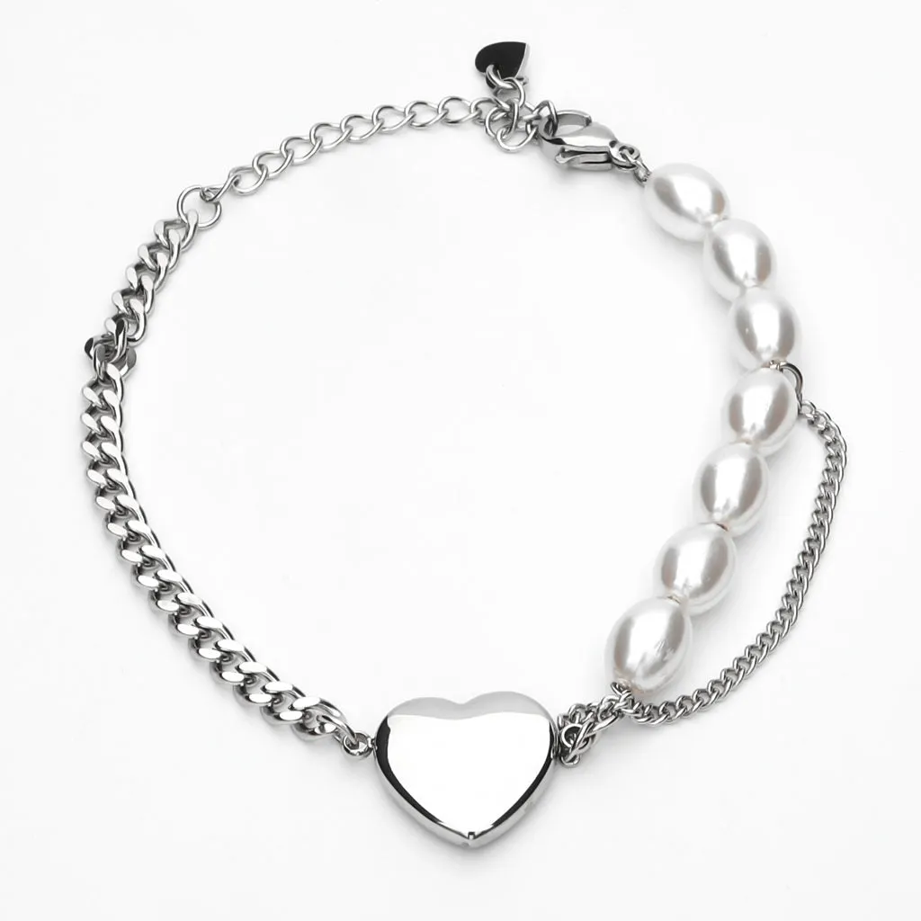 Pearls and Stainless Steel Chain Women's Bracelet with Heart Charm - Silver