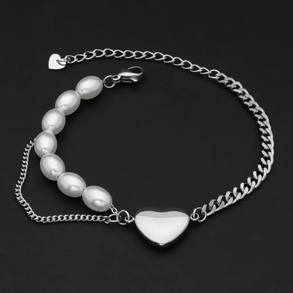 Pearls and Stainless Steel Chain Women's Bracelet with Heart Charm - Silver