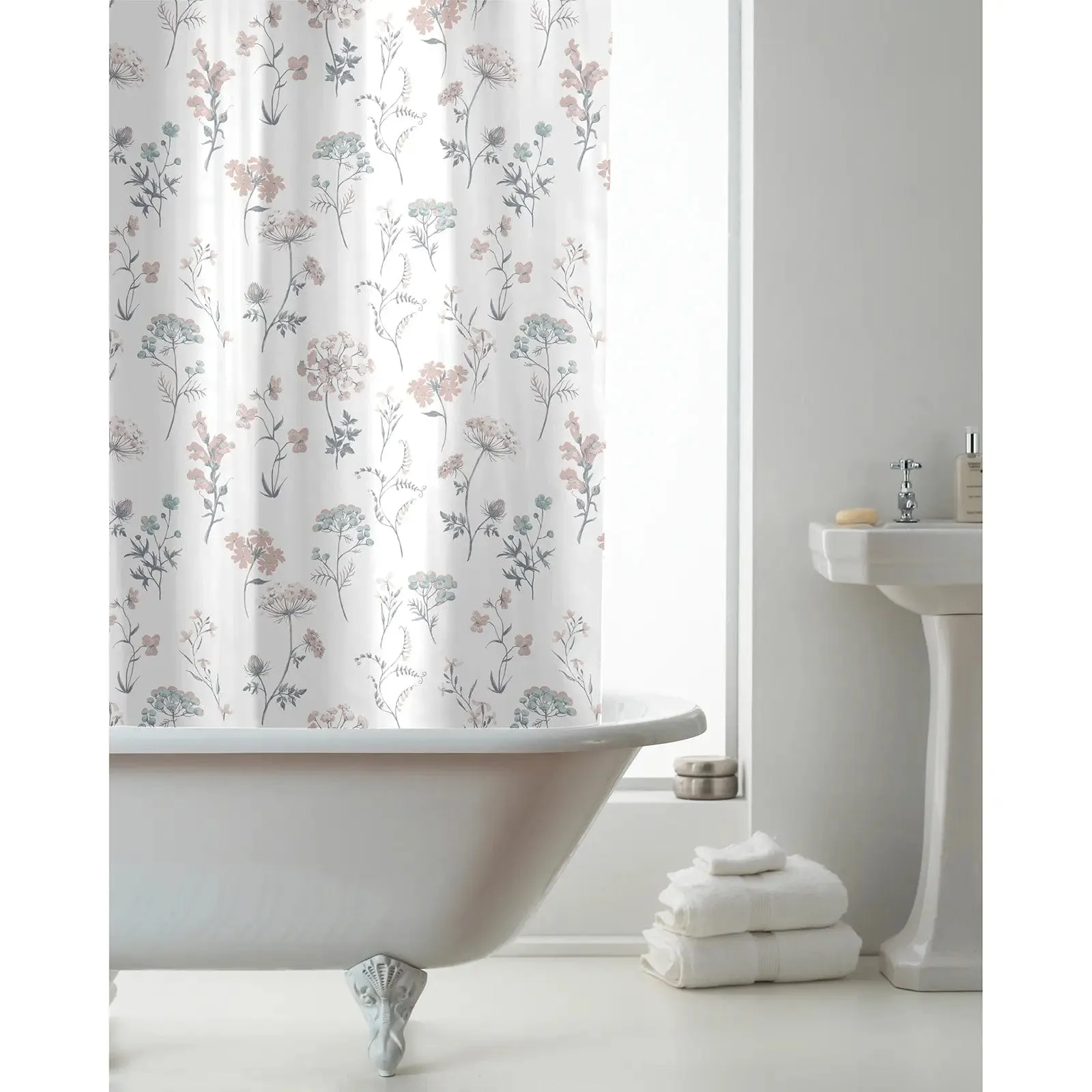 Pink Floral Pattern Shower Curtain with Hooks PEVA 180x180cm