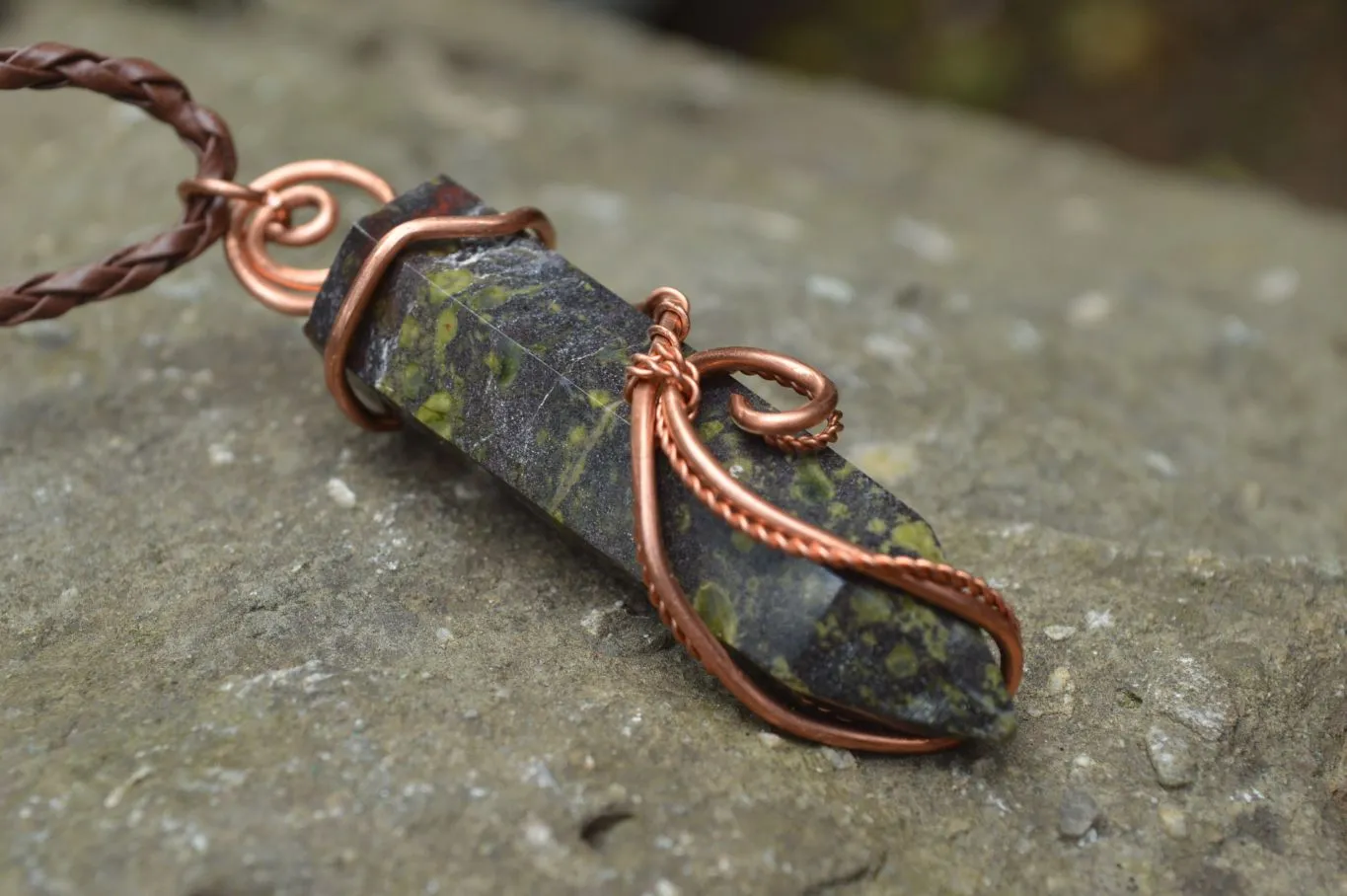 Polished Bastite (Epidote Piemontite) Dragons Blood Stone Crystals Set In Copper Art Wire Wrap Pendant - sold per piece - South Africa