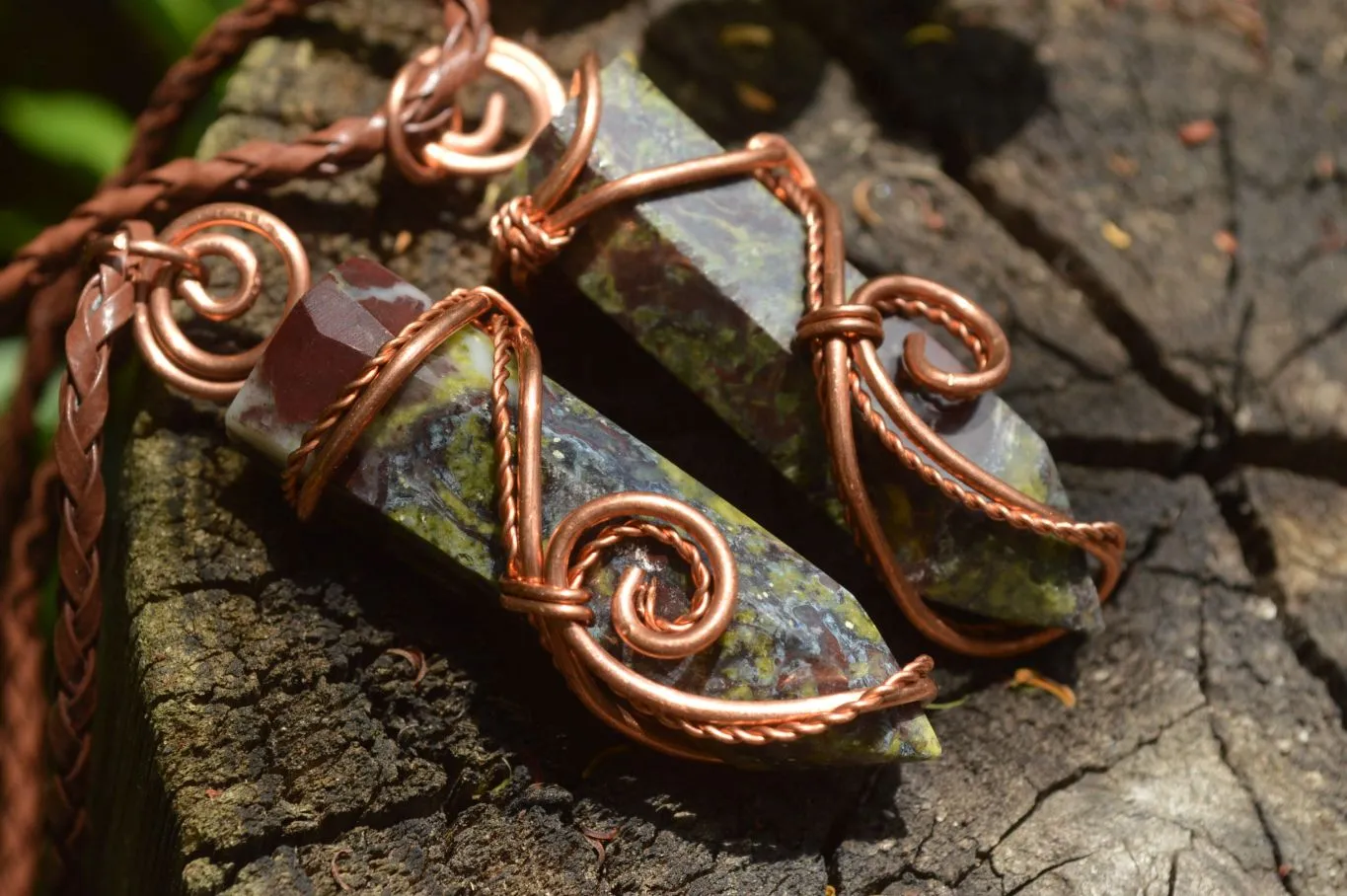 Polished Bastite (Epidote Piemontite) Dragons Blood Stone Crystals Set In Copper Art Wire Wrap Pendant - sold per piece - South Africa