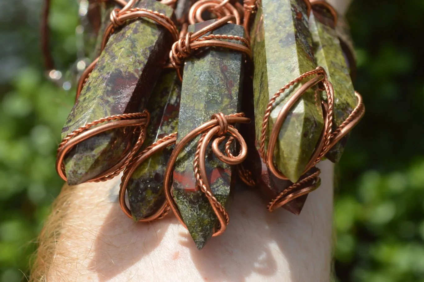 Polished Bastite (Epidote Piemontite) Dragons Blood Stone Crystals Set In Copper Art Wire Wrap Pendant - sold per piece - South Africa