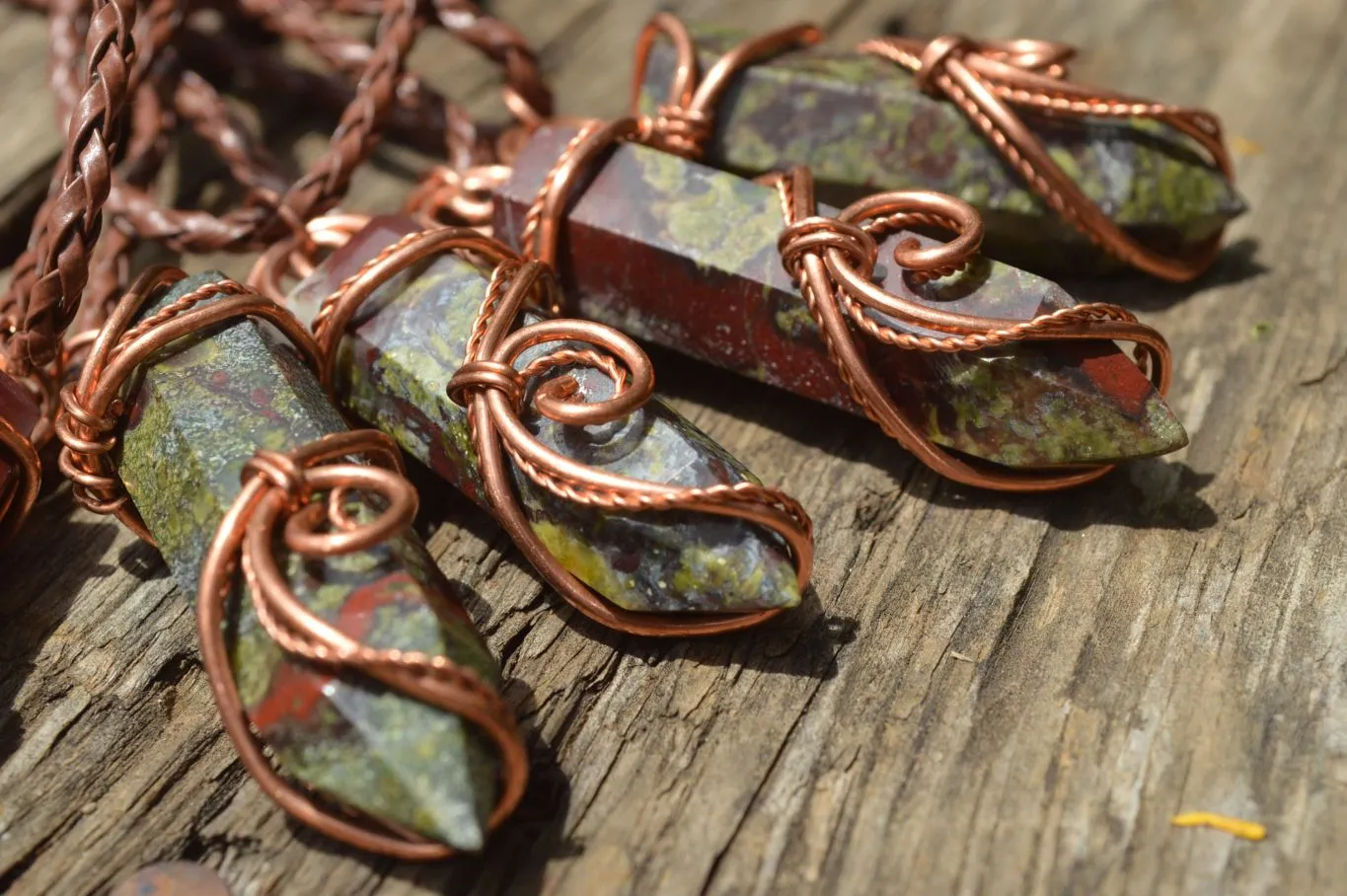 Polished Bastite (Epidote Piemontite) Dragons Blood Stone Crystals Set In Copper Art Wire Wrap Pendant - sold per piece - South Africa