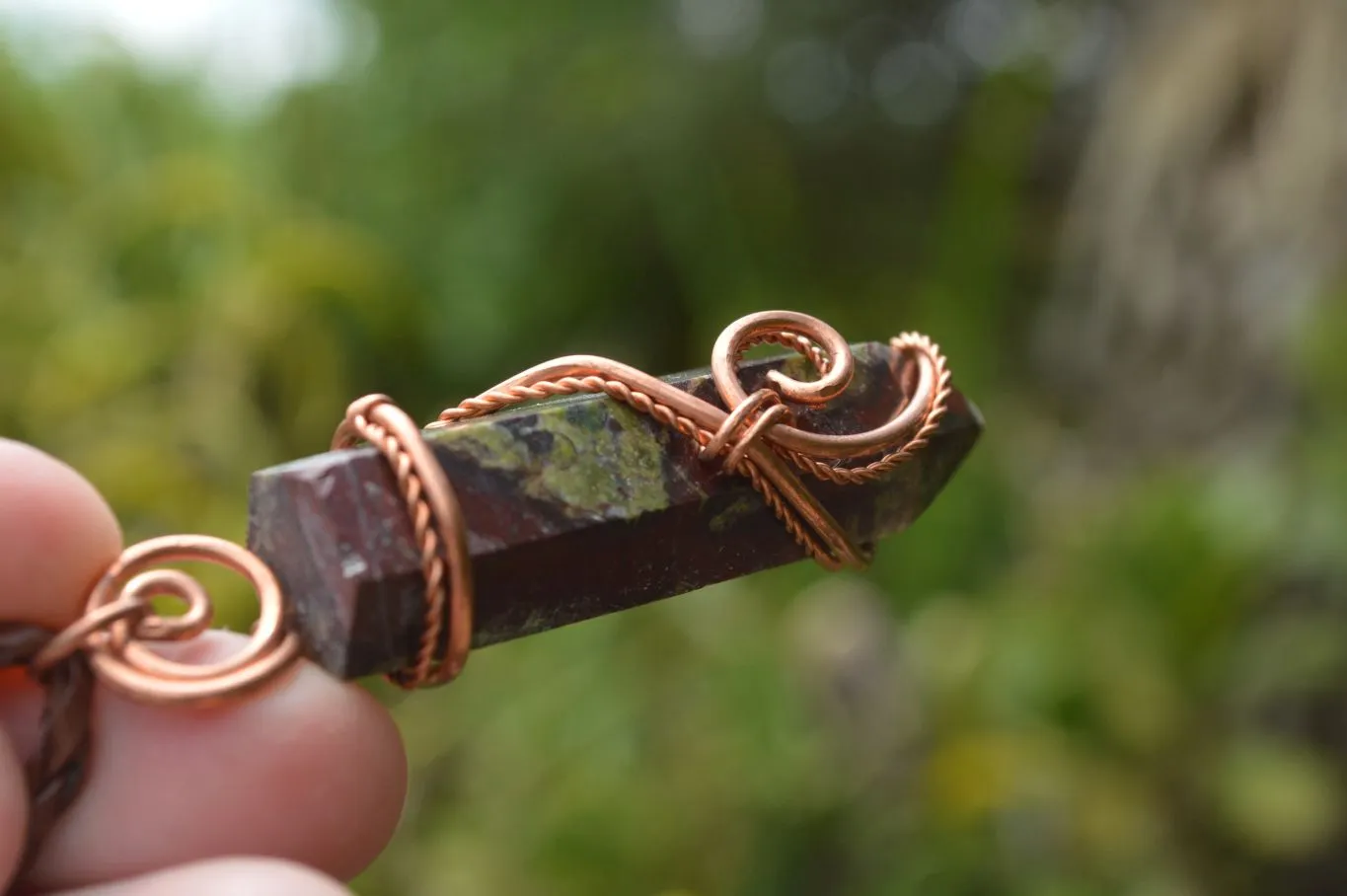 Polished Bastite (Epidote Piemontite) Dragons Blood Stone Crystals Set In Copper Art Wire Wrap Pendant - sold per piece - South Africa