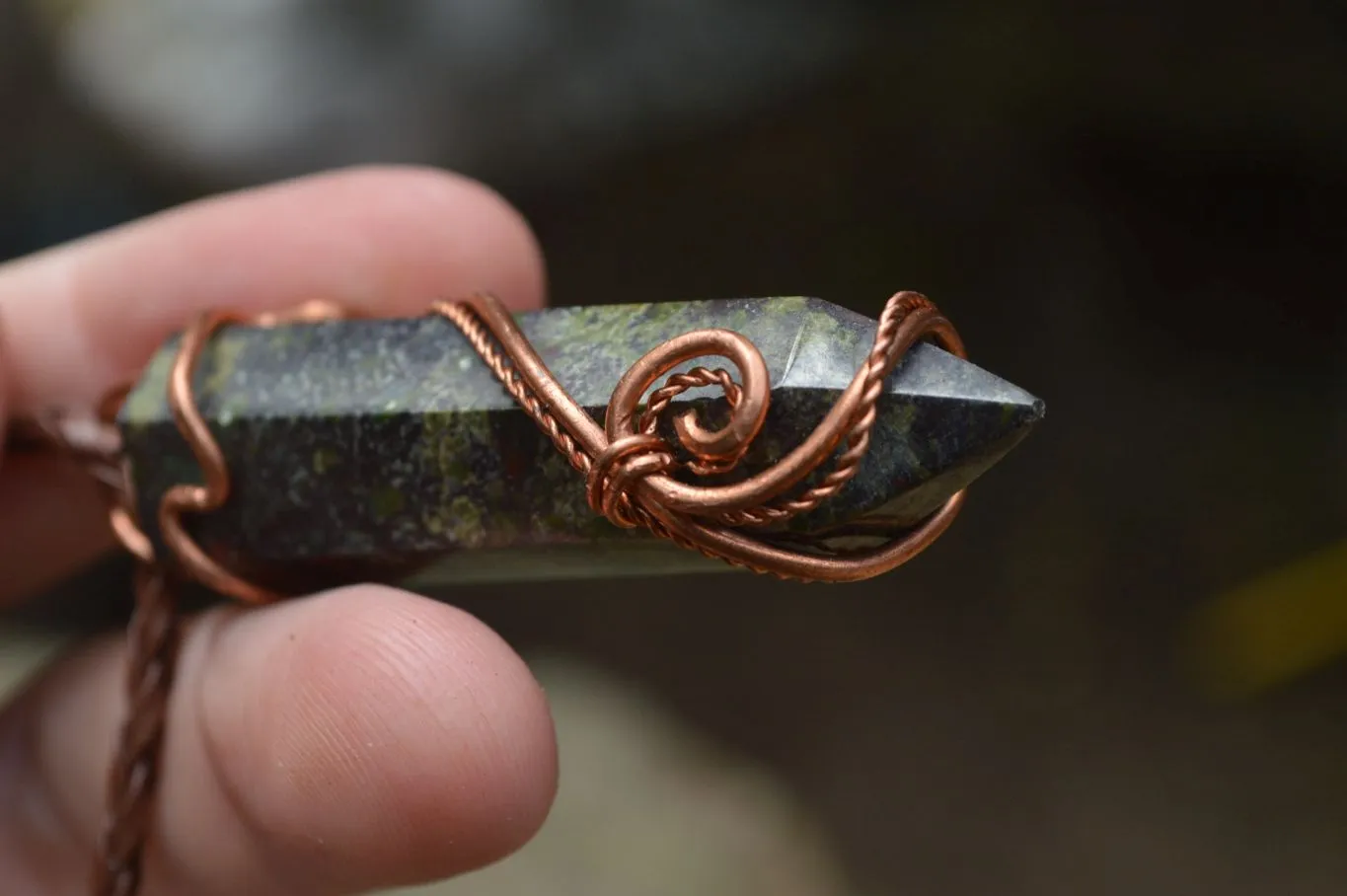 Polished Bastite (Epidote Piemontite) Dragons Blood Stone Crystals Set In Copper Art Wire Wrap Pendant - sold per piece - South Africa