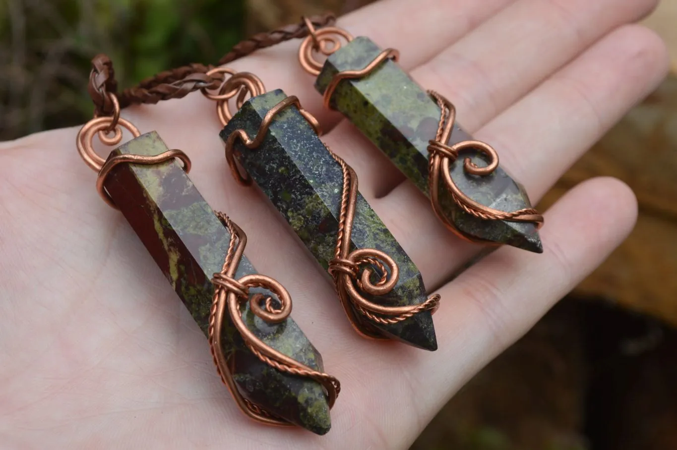 Polished Bastite (Epidote Piemontite) Dragons Blood Stone Crystals Set In Copper Art Wire Wrap Pendant - sold per piece - South Africa