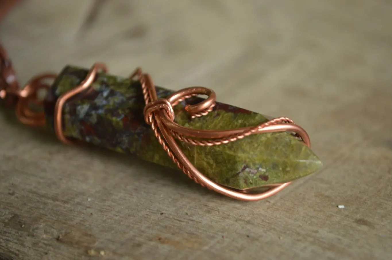 Polished Bastite (Epidote Piemontite) Dragons Blood Stone Crystals Set In Copper Art Wire Wrap Pendant - sold per piece - South Africa