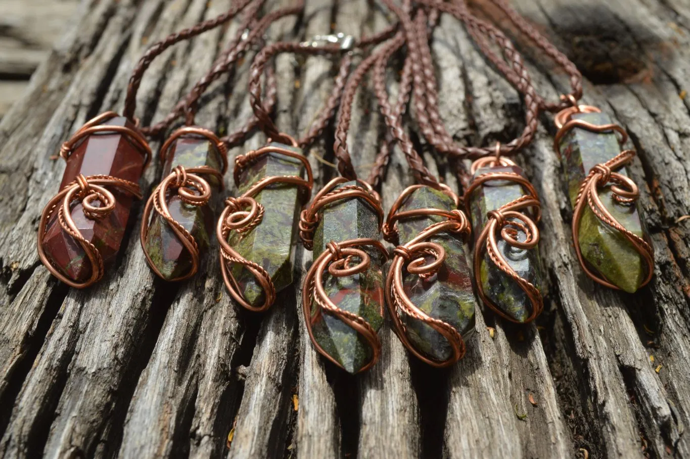 Polished Bastite (Epidote Piemontite) Dragons Blood Stone Crystals Set In Copper Art Wire Wrap Pendant - sold per piece - South Africa