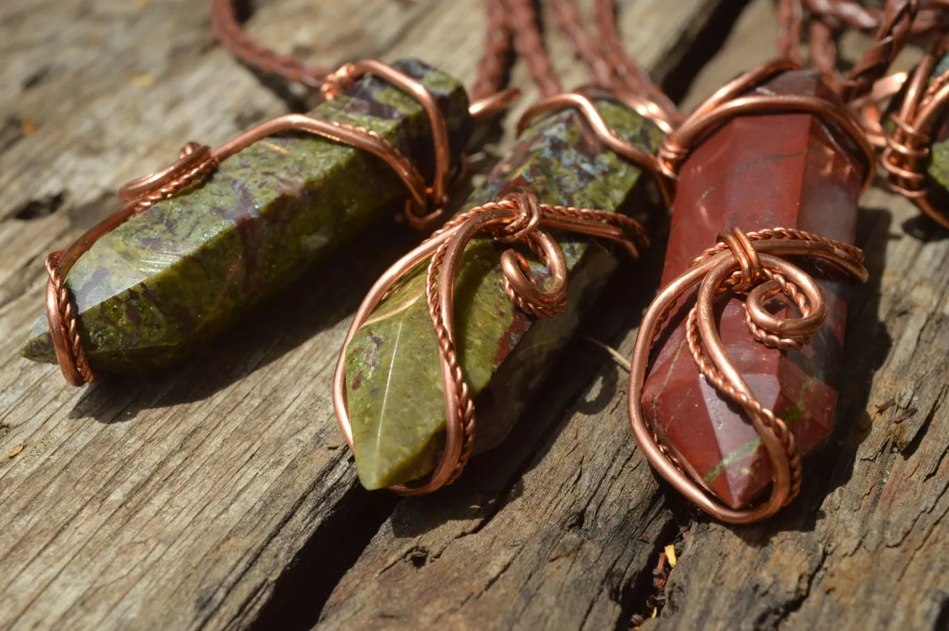 Polished Bastite (Epidote Piemontite) Dragons Blood Stone Crystals Set In Copper Art Wire Wrap Pendant - sold per piece - South Africa