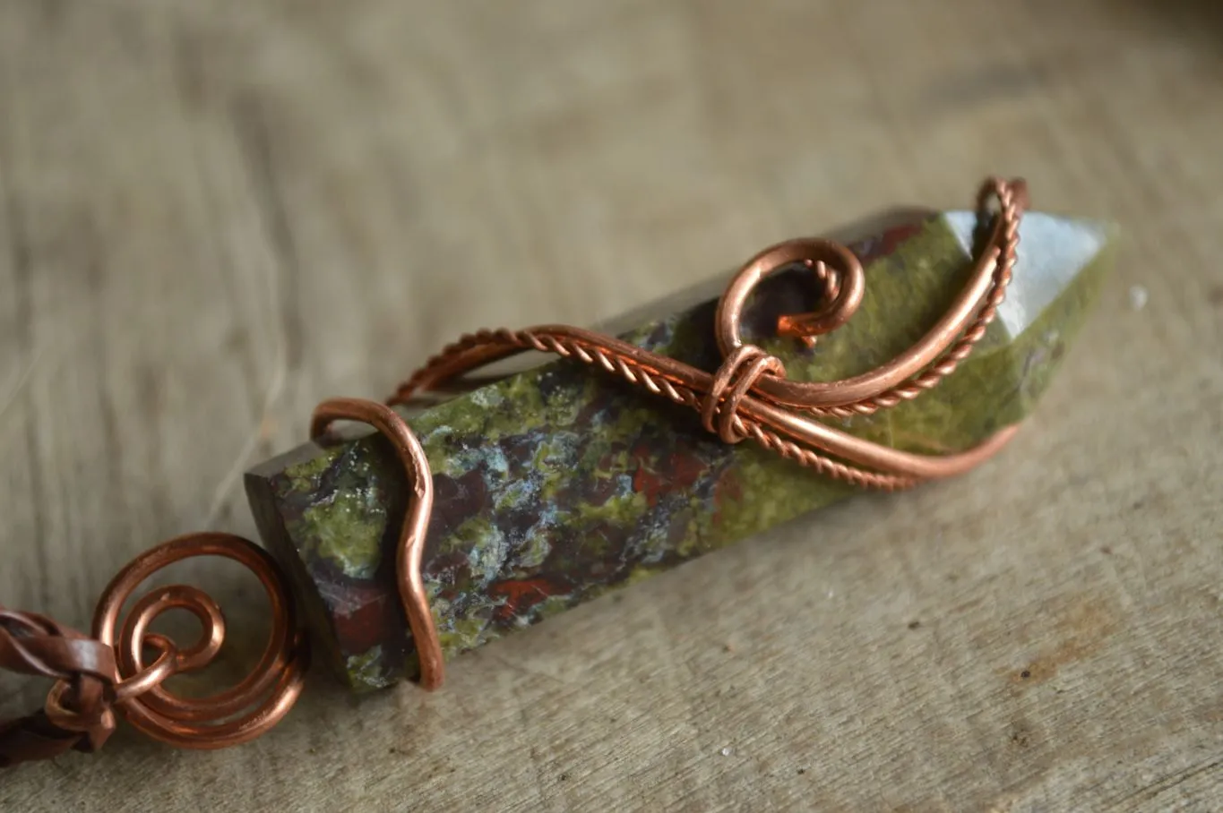 Polished Bastite (Epidote Piemontite) Dragons Blood Stone Crystals Set In Copper Art Wire Wrap Pendant - sold per piece - South Africa