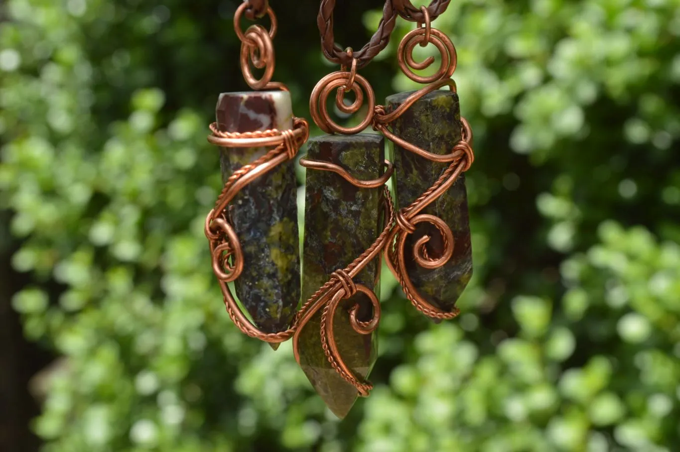 Polished Bastite (Epidote Piemontite) Dragons Blood Stone Crystals Set In Copper Art Wire Wrap Pendant - sold per piece - South Africa