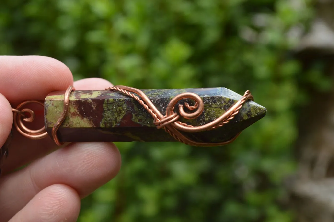 Polished Bastite (Epidote Piemontite) Dragons Blood Stone Crystals Set In Copper Art Wire Wrap Pendant - sold per piece - South Africa