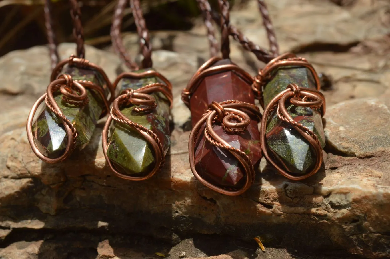 Polished Bastite (Epidote Piemontite) Dragons Blood Stone Crystals Set In Copper Art Wire Wrap Pendant - sold per piece - South Africa