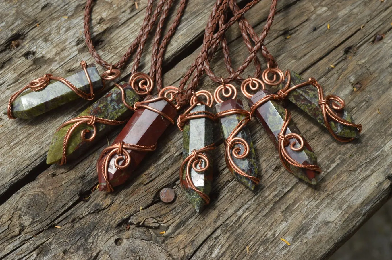 Polished Bastite (Epidote Piemontite) Dragons Blood Stone Crystals Set In Copper Art Wire Wrap Pendant - sold per piece - South Africa