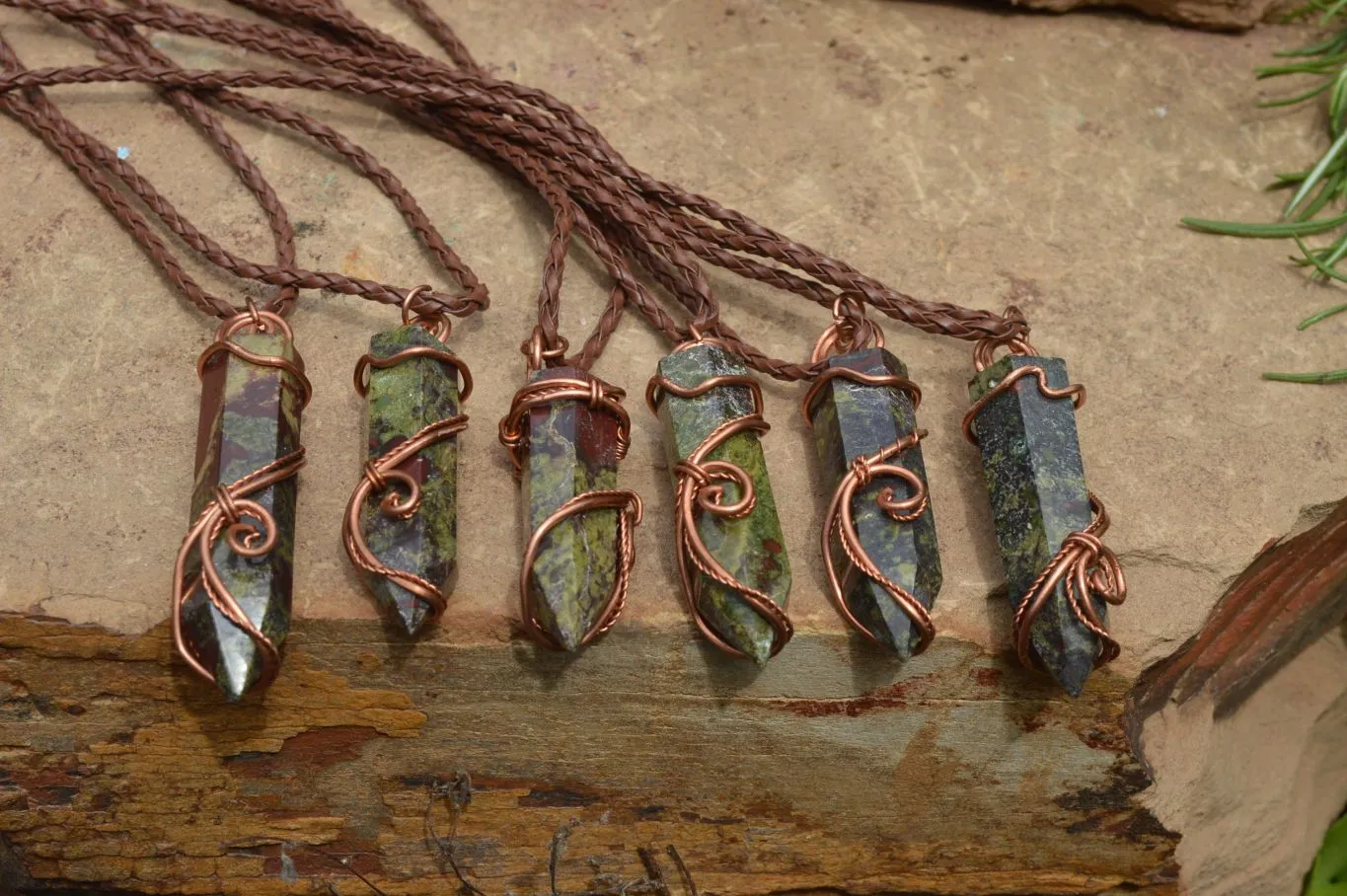 Polished Bastite (Epidote Piemontite) Dragons Blood Stone Crystals Set In Copper Art Wire Wrap Pendant - sold per piece - South Africa