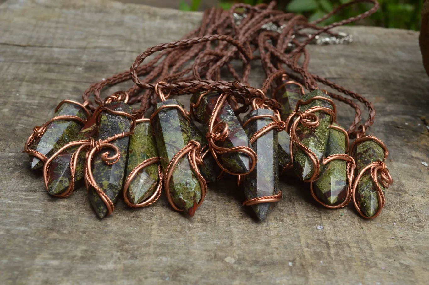 Polished Bastite (Epidote Piemontite) Dragons Blood Stone Crystals Set In Copper Art Wire Wrap Pendant - sold per piece - South Africa